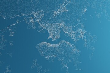 Map of the streets of Hong Kong made with white lines on blue paper. Rough background. 3d render, illustration