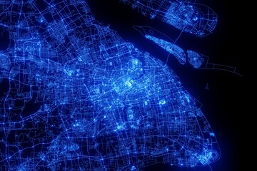Street map of Shanghai (China) made with blue illumination and glow effect. Top view on roads network