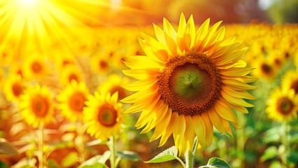 Naklejka premium A vibrant sunflower field under the bright summer sun, showcasing the beauty of nature and radiance of yellow flowers in full bloom.
