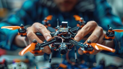 A close-up of hands assembling a 3D printed drone, showing the detailed components and tools used in the process