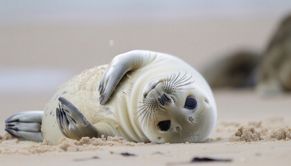Obraz premium A seal is peacefully resting on its back along the sandy shoreline of the beach