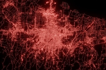 Street map of Medan (Indonesia) made with red illumination and glow effect. Top view on roads network. 3d render, illustration