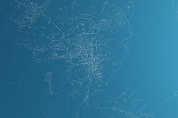 Map of the streets of Urumqi (China) made with white lines on blue paper. Rough background. 3d render, illustration