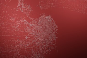 Map of the streets of Surabaya (Indonesia) made with white lines on abstract red background lit by two lights. Top view. 3d render, illustration