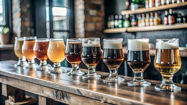 An arrangement of various craft beers in different types of glasses on a wooden bar counter in a rustic brewery setting.