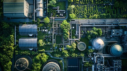 An aerial view of a biotechnology facility, showing various research labs, greenhouses, and bioreactors for producing sustainable biofuels