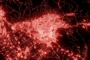 Street map of Tehran (Iran) made with red illumination and glow effect. Top view on roads network. 3d render, illustration
