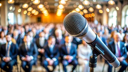 Close-up of a microphone with an audience in the background. Ideal for business presentations, conferences, or public speaking events.