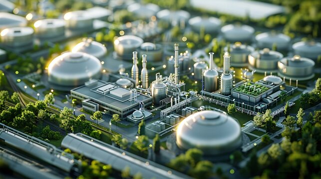 An aerial view of a biotechnology facility, showing various research labs, greenhouses, and bioreactors for producing sustainable biofuels