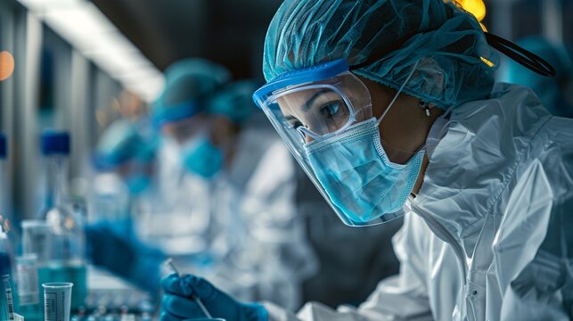 Scientists working in a cleanroom environment, assembling and testing biomedical devices designed for advanced medical treatments