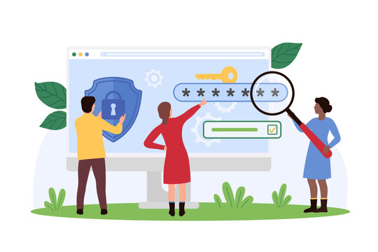 Online security, safe analysis of website protection and access to personal data. Tiny people with magnifying glass and shield check secure account password to protect data cartoon vector illustration
