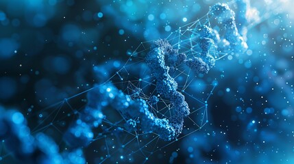 An abstract background featuring 3D-rendered protein structures floating in a blue, glowing environment, with subtle grid lines and light particles