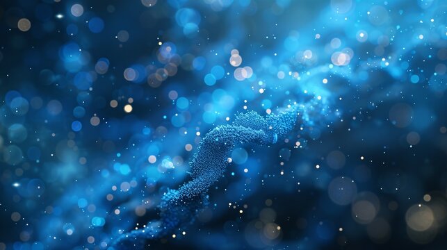 An abstract background featuring 3D-rendered protein structures floating in a blue, glowing environment, with subtle grid lines and light particles