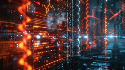 A background featuring a blend of digital and biological elements, with transparent screens displaying DNA sequences and abstract molecular patterns