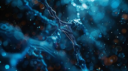 A high-resolution background of a biotechnological network, with strands of DNA, molecular structures, and flowing light effects in a deep blue hue