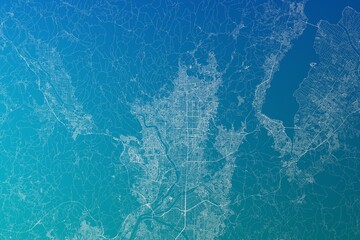 Map of the streets of Kyoto (Japan) made with white lines on greenish blue gradient background. 3d render, illustration