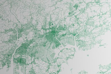Map of the streets of Okayama (Japan) made with green lines on white paper. 3d render, illustration