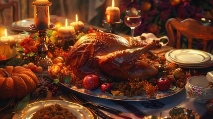 Cozy autumn dinner table with a beautifully roasted turkey, candles, and seasonal decorations, perfect for a festive Thanksgiving celebration.