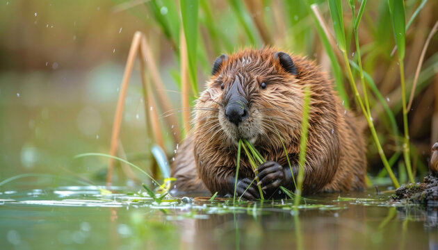 A beaver is joyfully feasting on grass while swimming beneath the waters surface