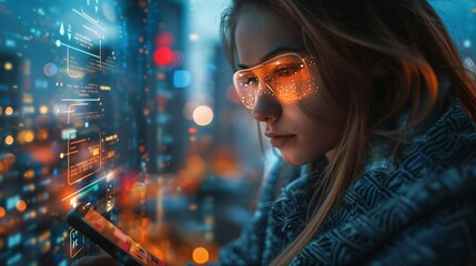 A young woman using AR applications on her smartphone, overlaying digital information onto the real world around her, with a cityscape in the background
