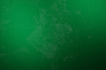 Map of the streets of Hyderabad (Pakistan) made with white lines on abstract green background lit by two lights. Top view. 3d render, illustration