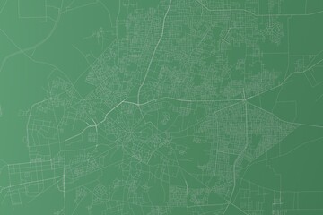 Stylized map of the streets of Multan (Pakistan) made with white lines on green background. Top view. 3d render, illustration