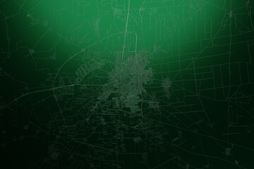 Street map of Homs (Syria) engraved on green metal background. Light is coming from top. 3d render, illustration