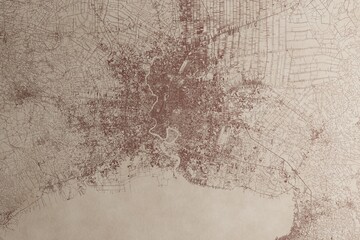 Map of Bangkok (Thailand) on an old vintage sheet of paper. Retro style grunge paper with light coming from right. 3d render