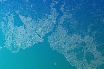 Map of the streets of Istanbul (Turkey) made with white lines on greenish blue gradient background. 3d render, illustration