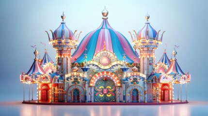 Obraz premium A magical carnival traveling between dimensions, its tents shimmering with enchantment, in white background