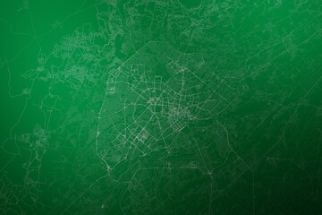 Map of the streets of Tashkent (Uzbekistan) made with white lines on abstract green background lit by two lights. Top view. 3d render, illustration