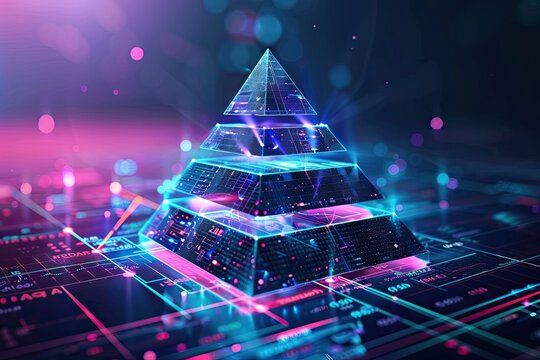 A 3D pyramid chart representing hierarchical data, with distinct layers and a professional look
