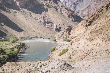 The Panj River flows between Afghanistan and Tajikistan along the Pamir Highway road in the Tien Shan mountains