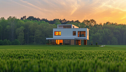 A contemporary dwelling stands in the center of a lush green field under the open sky