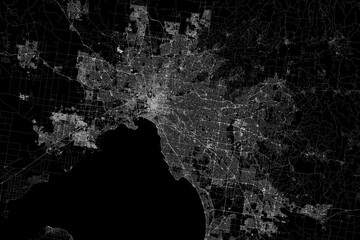Obraz premium Stylized map of the streets of Melbourne (Australia) made with white lines on black background. Top view. 3d render, illustration