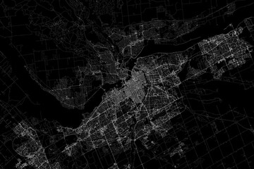 Stylized map of the streets of Ottawa (Canada) made with white lines on black background. Top view. 3d render, illustration
