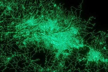 Map of the streets of San Jose (Costa Rica) made with green illumination and glow effect. Top view on roads network. 3d render, illustration