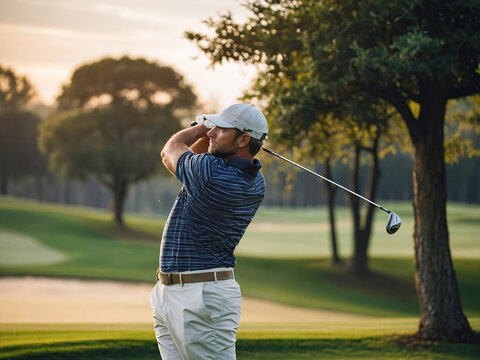 A male golfer in mid-swing on a picturesque golf course at sunset, demonstrating perfect form.