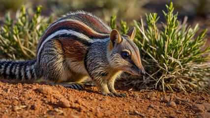 Fototapeta premium Striped Numbat hunting termites on red earth in Australian outback