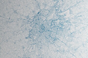 Map of the streets of Brussels (Belgium) made with blue lines on white paper. 3d render, illustration