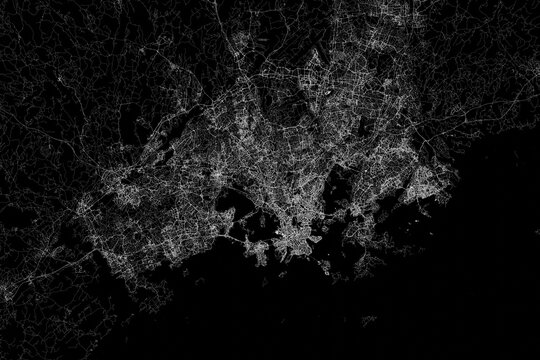 Stylized map of the streets of Helsinki (Finland) made with white lines on black background. Top view. 3d render, illustration