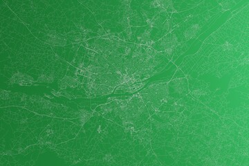 Map of the streets of Nantes (France) made with white lines on green paper. Rough background. 3d render, illustration