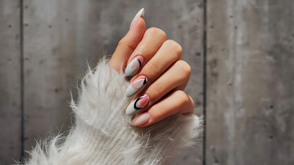 Glamorous Nail Design with Gold Accents and Fluffy Sweater