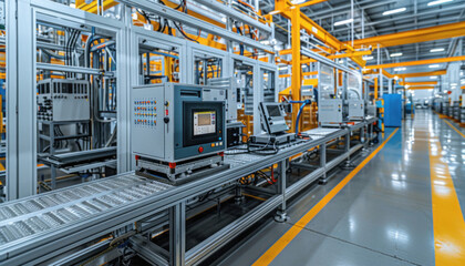 Fototapeta premium A busy factory with machinery operating on a conveyor belt, focusing on mass production