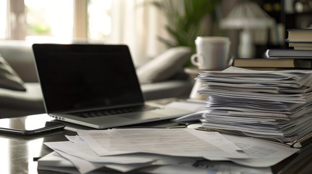 Laptop, Papers, and Books on a Table.