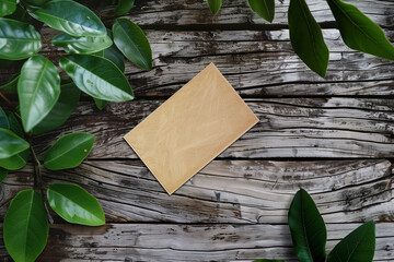 Eco-friendly Business Card Mockup on Natural Wooden Surface with Green Leaves – Perfect for Sustainable Professional Branding