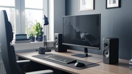 Modern Home Office Desk Setup with Computer Monitor, Speakers and Keyboard.