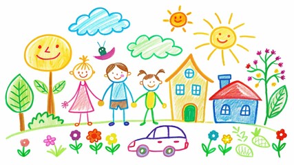 Obraz premium A world of imagination unfolds! A child's colorful chalk drawing bursts with creativity, showcasing their unique perspective on a white background.