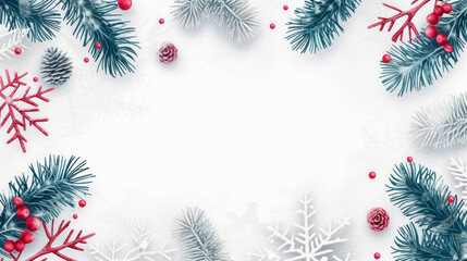 Bright Christmas border composition with snowy pine branches and red berries