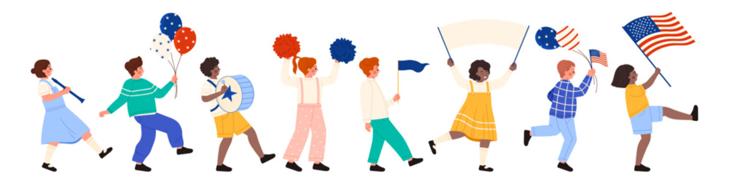 American kids march in parade to celebrate USA independence. Cute boys and girls walk in line with American flag and balloons, school children play drum and trumpet cartoon vector illustration